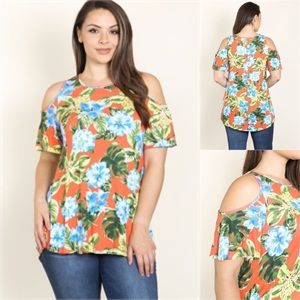 1X 2X 3X ORANGE FLORAL PRINT ROUND NECKLINE COLD SHOULDER PLUS SIZE TOP